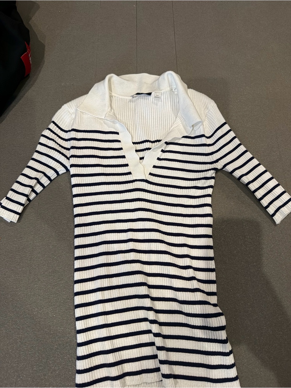 Tahari White and Navy Striped V-Neck Polo Sweater